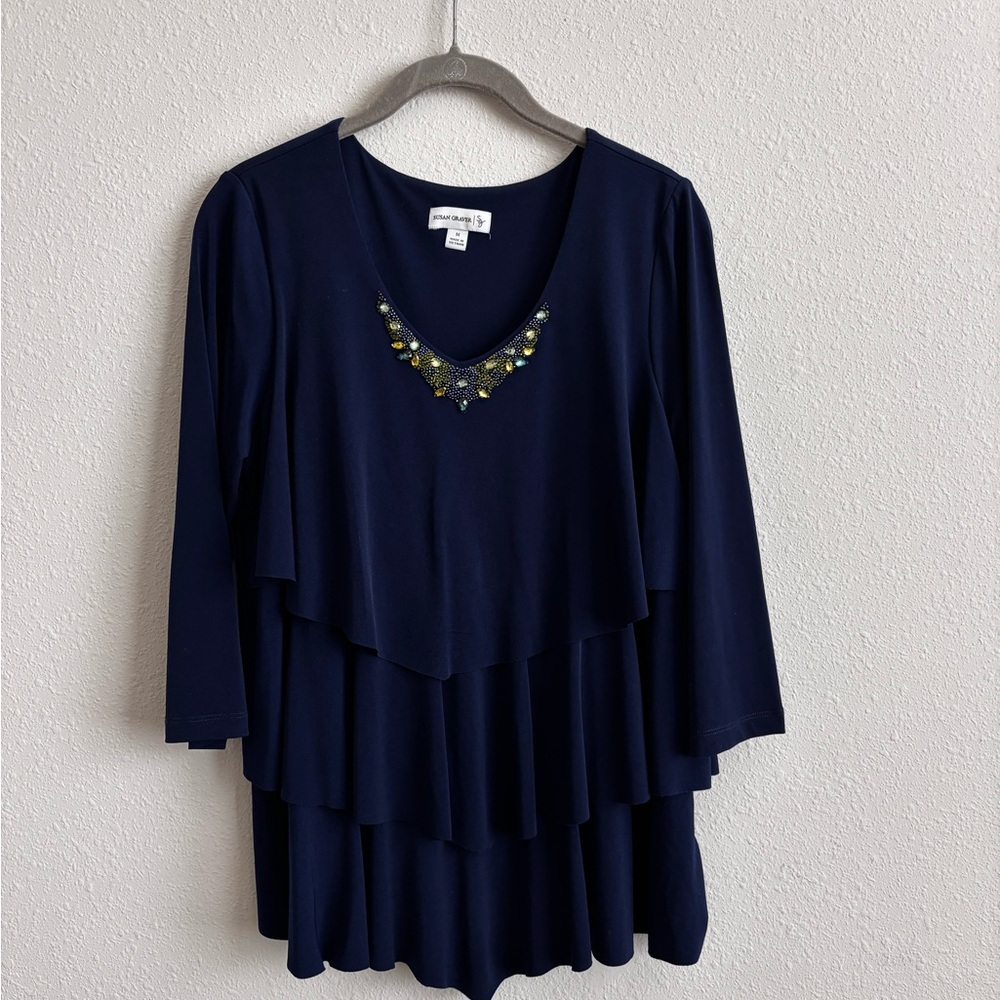 Susan Graver Blue Tiered 3/4 Sleeve Embellished Blouse